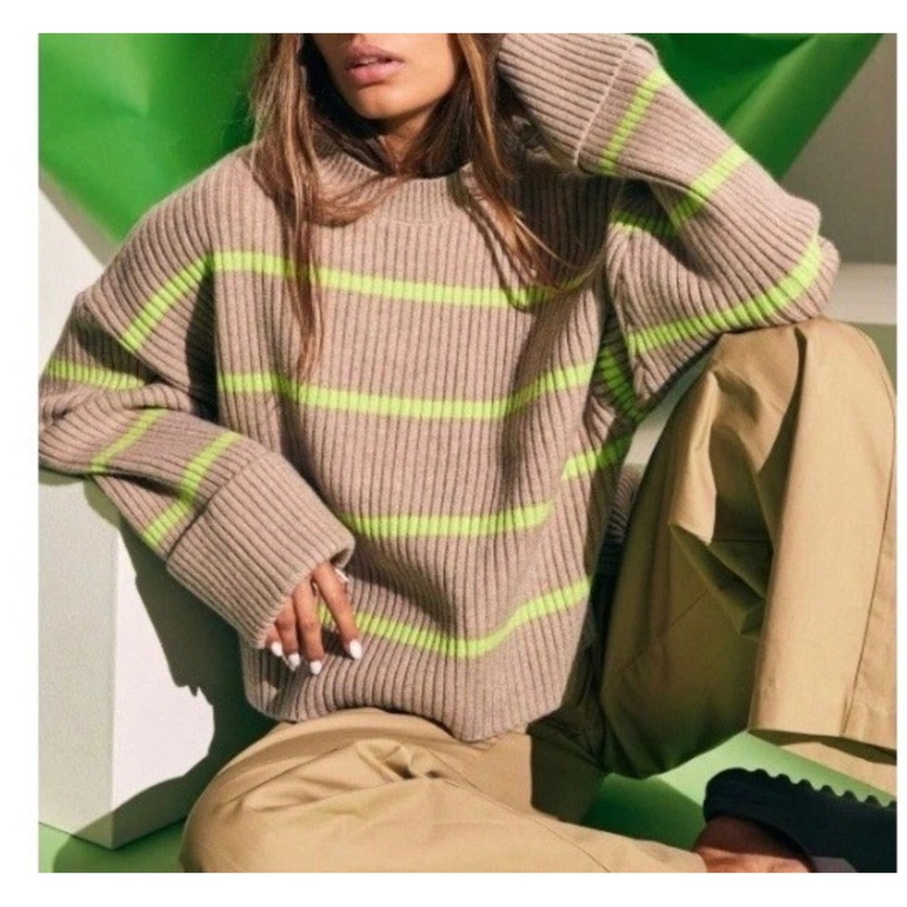 Evereve Women's Oat Neon Ribbed Emma Crew Stripe Pullover Sweater Size XS